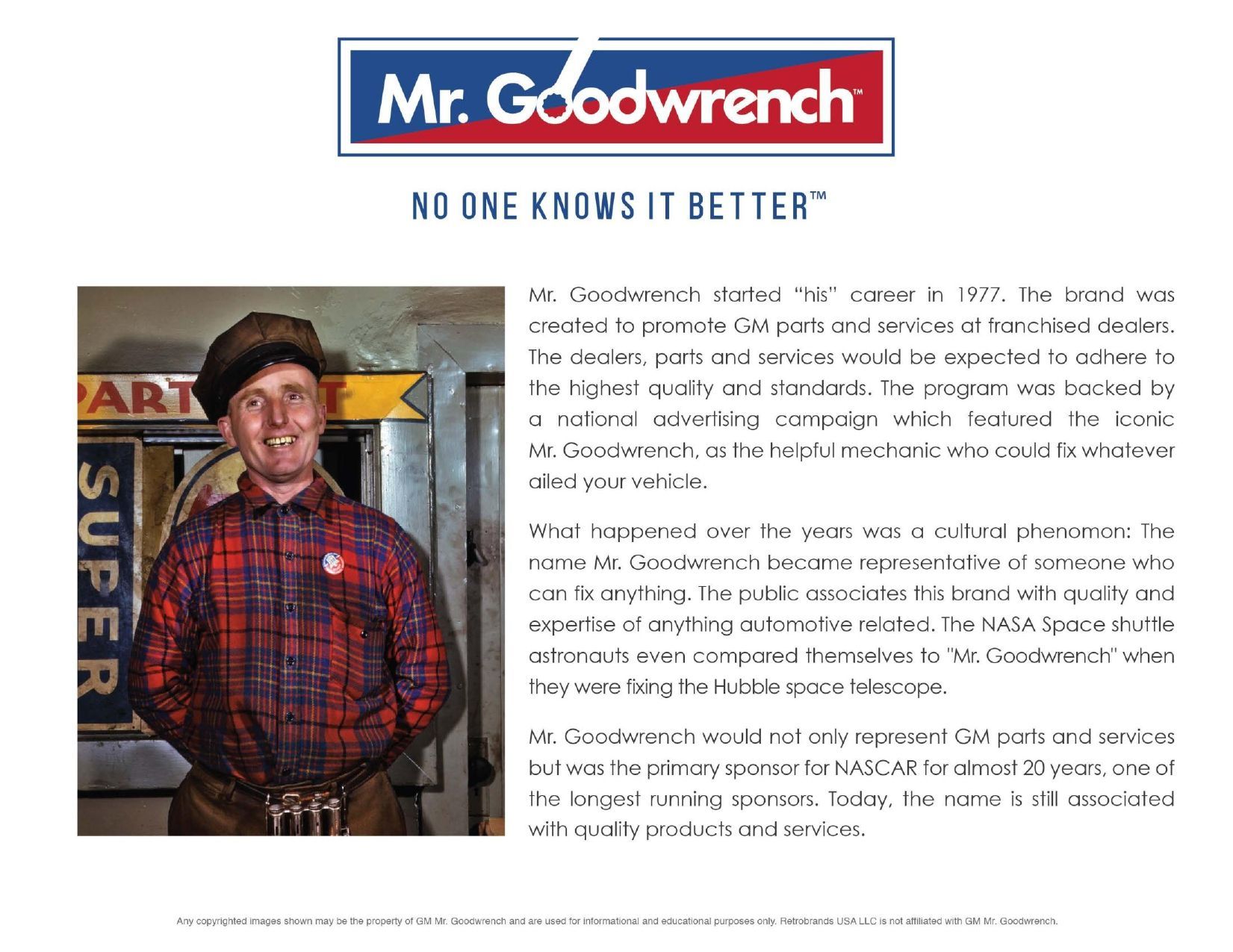 Mr. Goodwrench ad with smiling man in red plaid shirt beside text block and logo