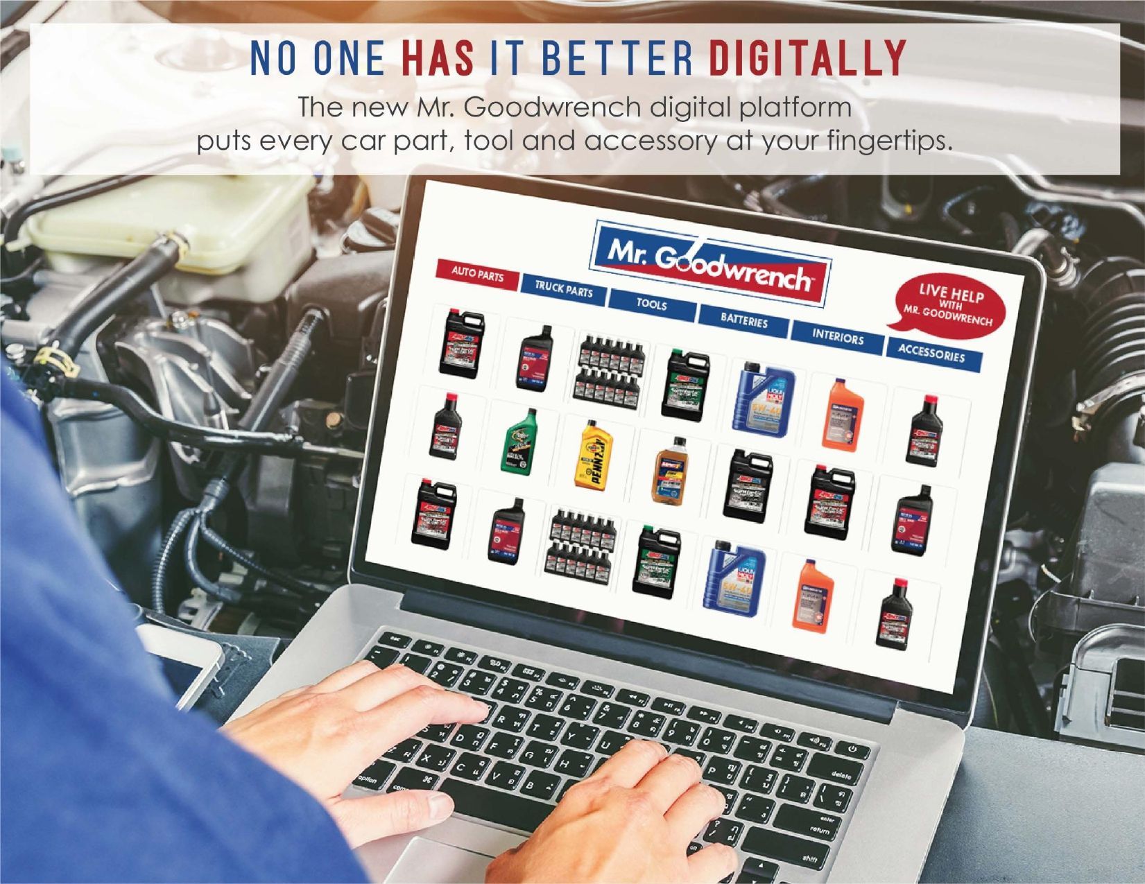 A person uses a laptop displaying an online automotive parts store over an open car engine, promoting digital access.