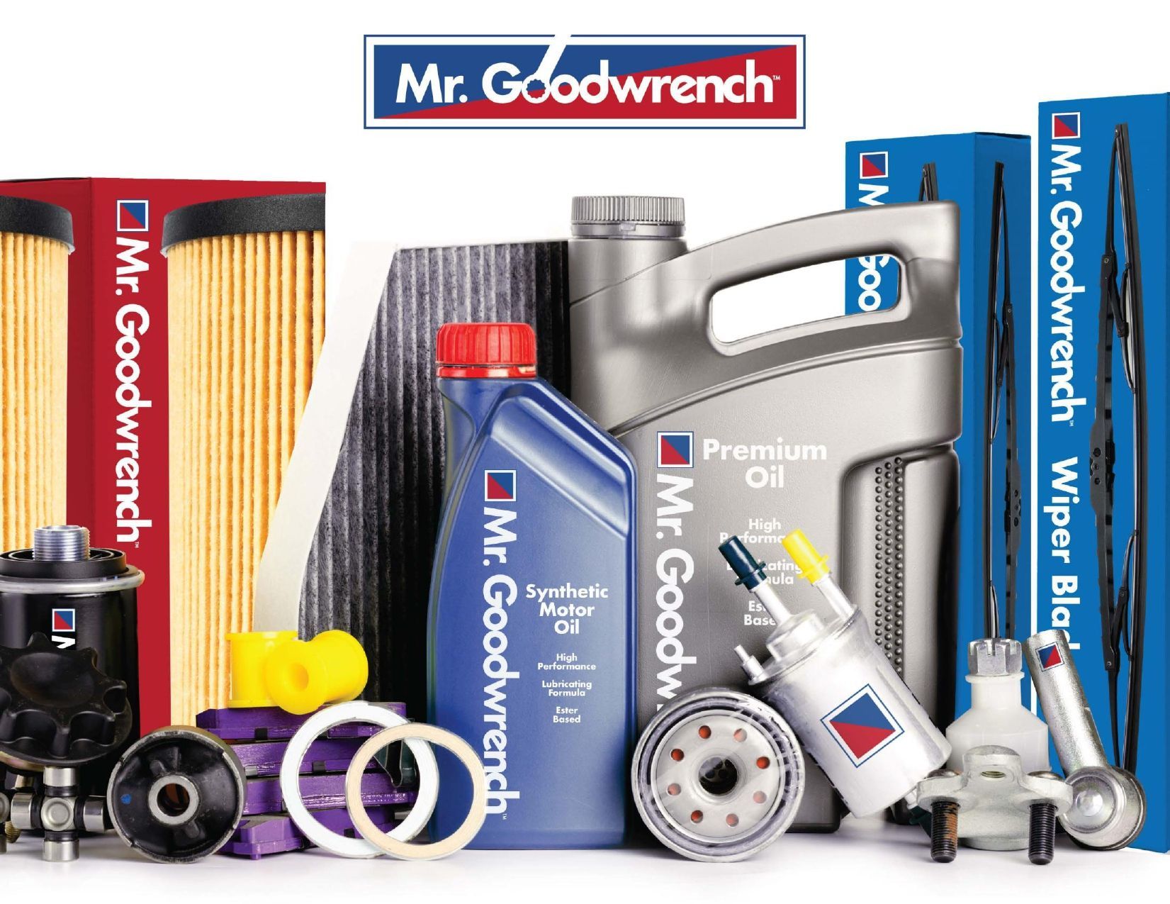 A collection of Mr. Goodwrench automotive maintenance products, including motor oil, filters, and wiper blades.