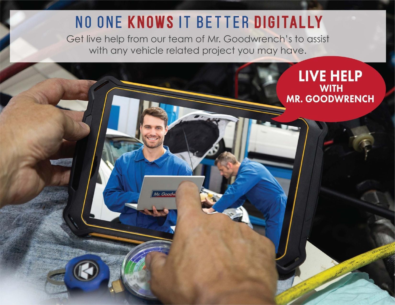 A person holds a tablet displaying a video call with a mechanic, with the text 
