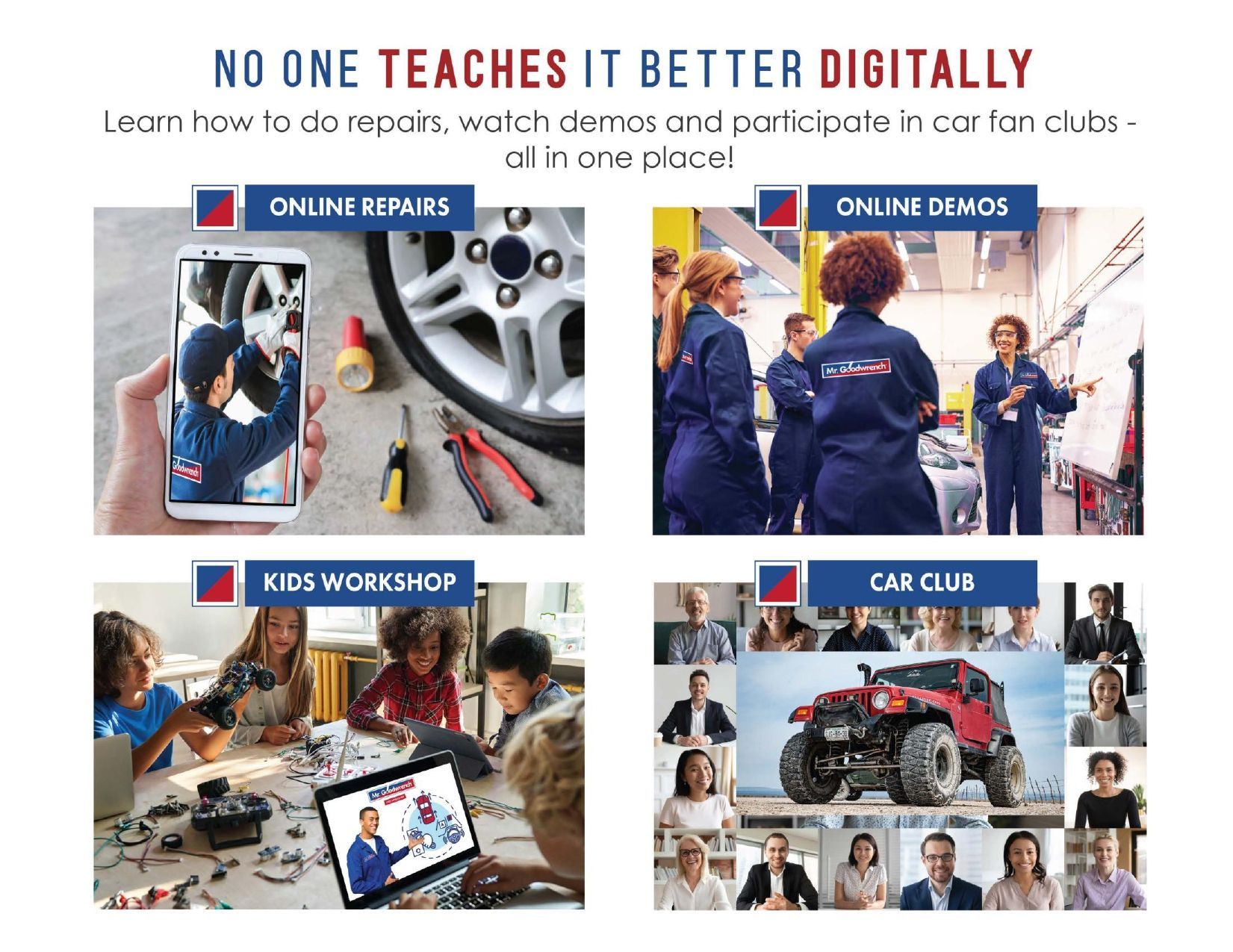 A collage showing digital learning resources including online repairs, demonstrations, kids' workshops, and a car club.