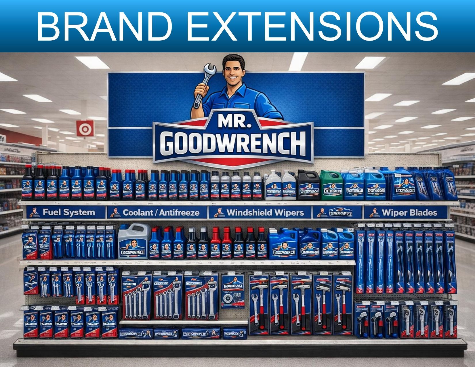 A store display of Mr. Goodwrench auto products featuring a smiling person holding a wrench on a blue sign.