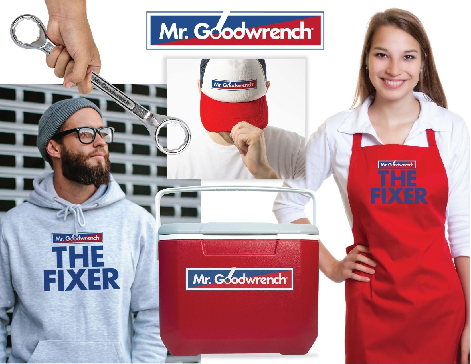 A collage features Mr. Goodwrench branding on a hoodie, a hat, a red cooler, and an apron, with a hand holding a wrench.