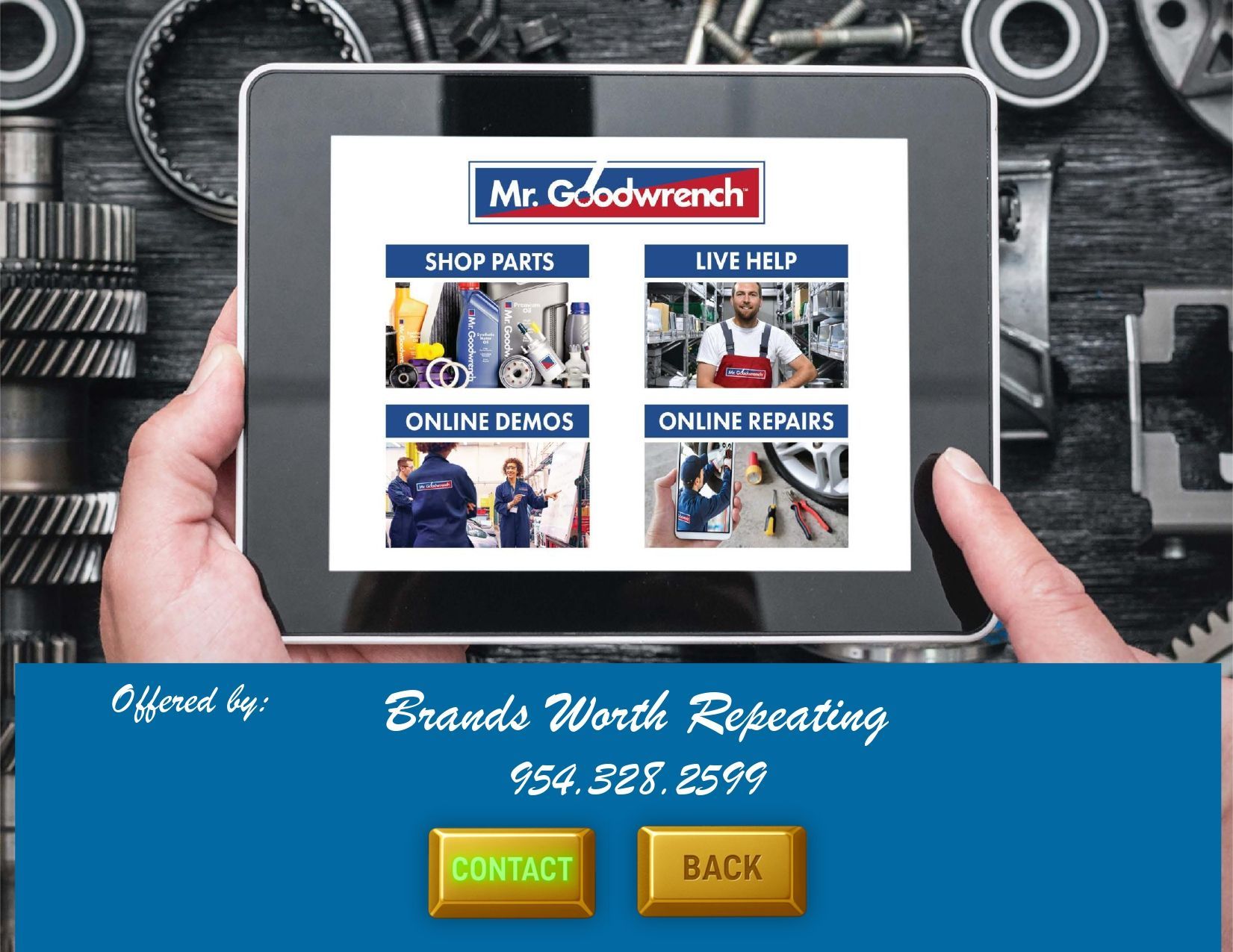 Website mockup for Mr. Goodwrench with service tiles and contact/back buttons on a blue background