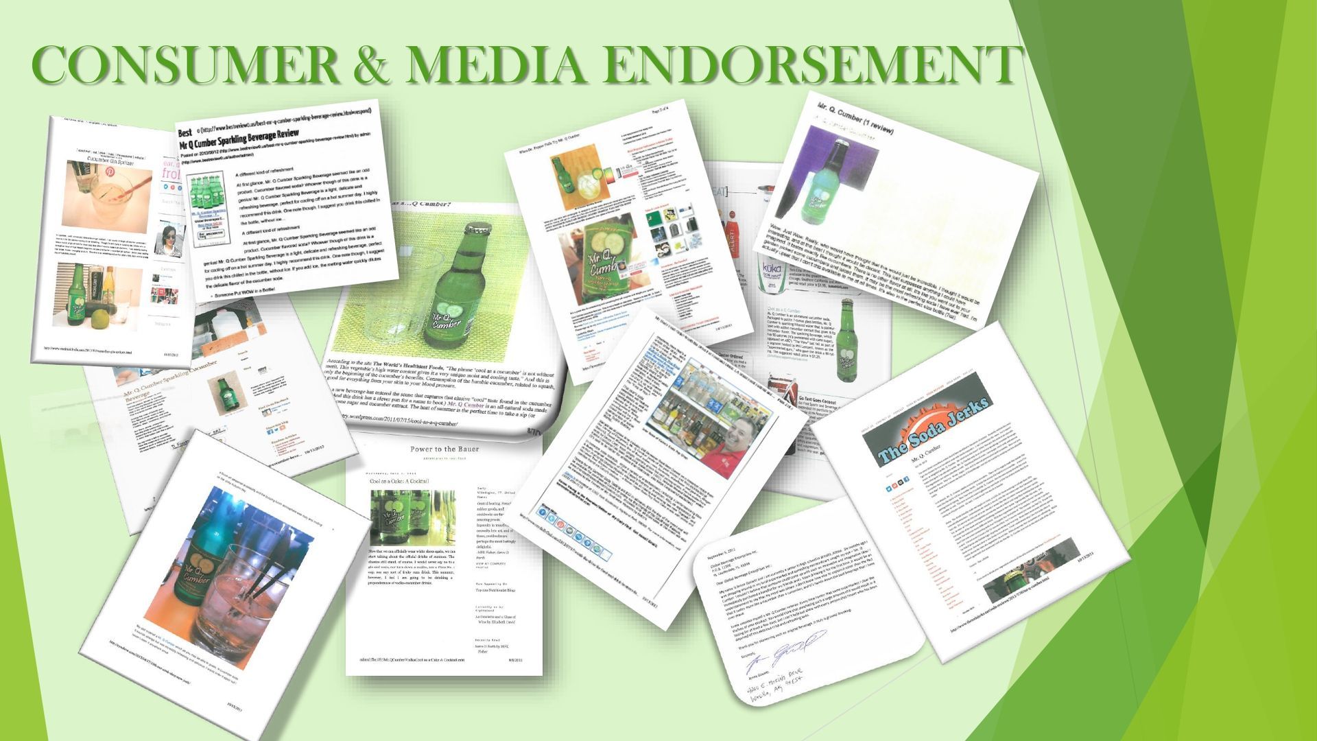 A collage of various media clippings and consumer reviews featuring green product packaging against a light green background.