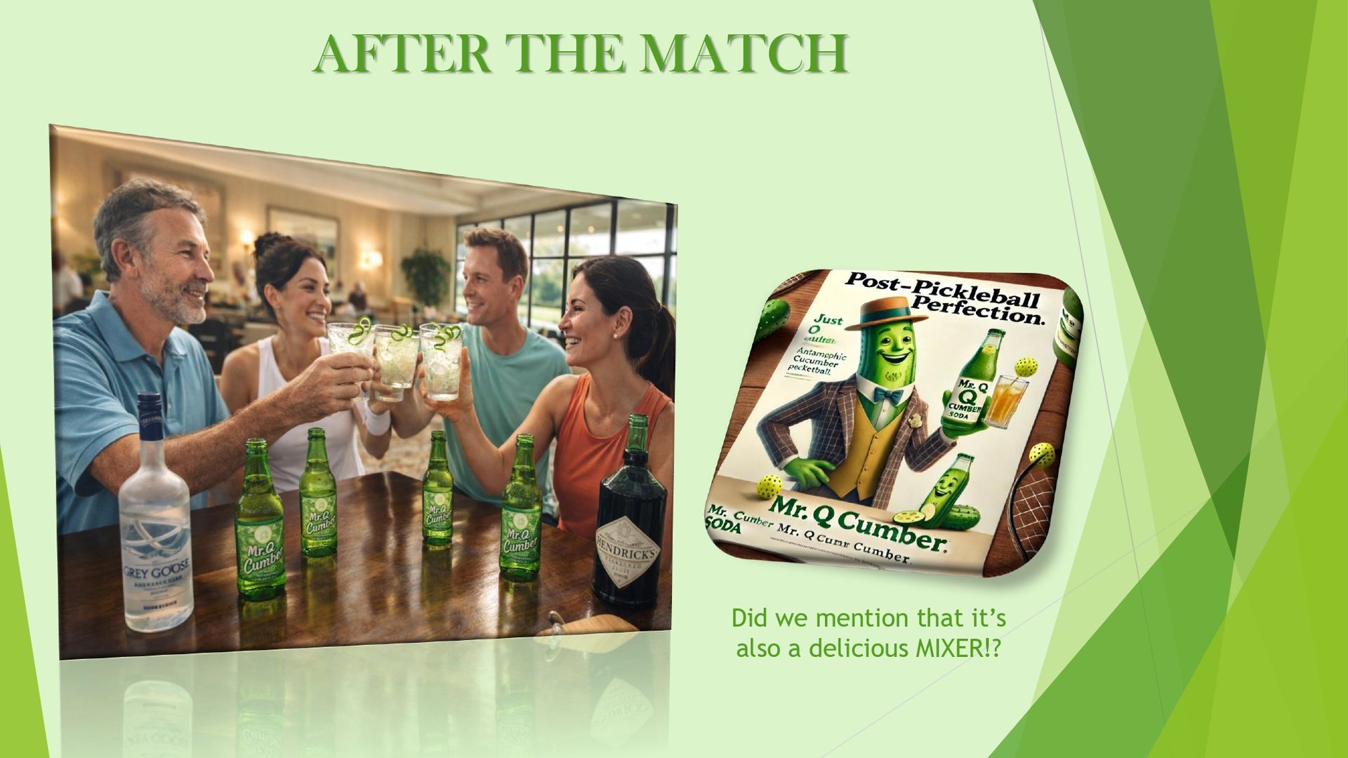 Four people clinking glasses at a table with liquor bottles, and a graphic of a pickle character with a drink.