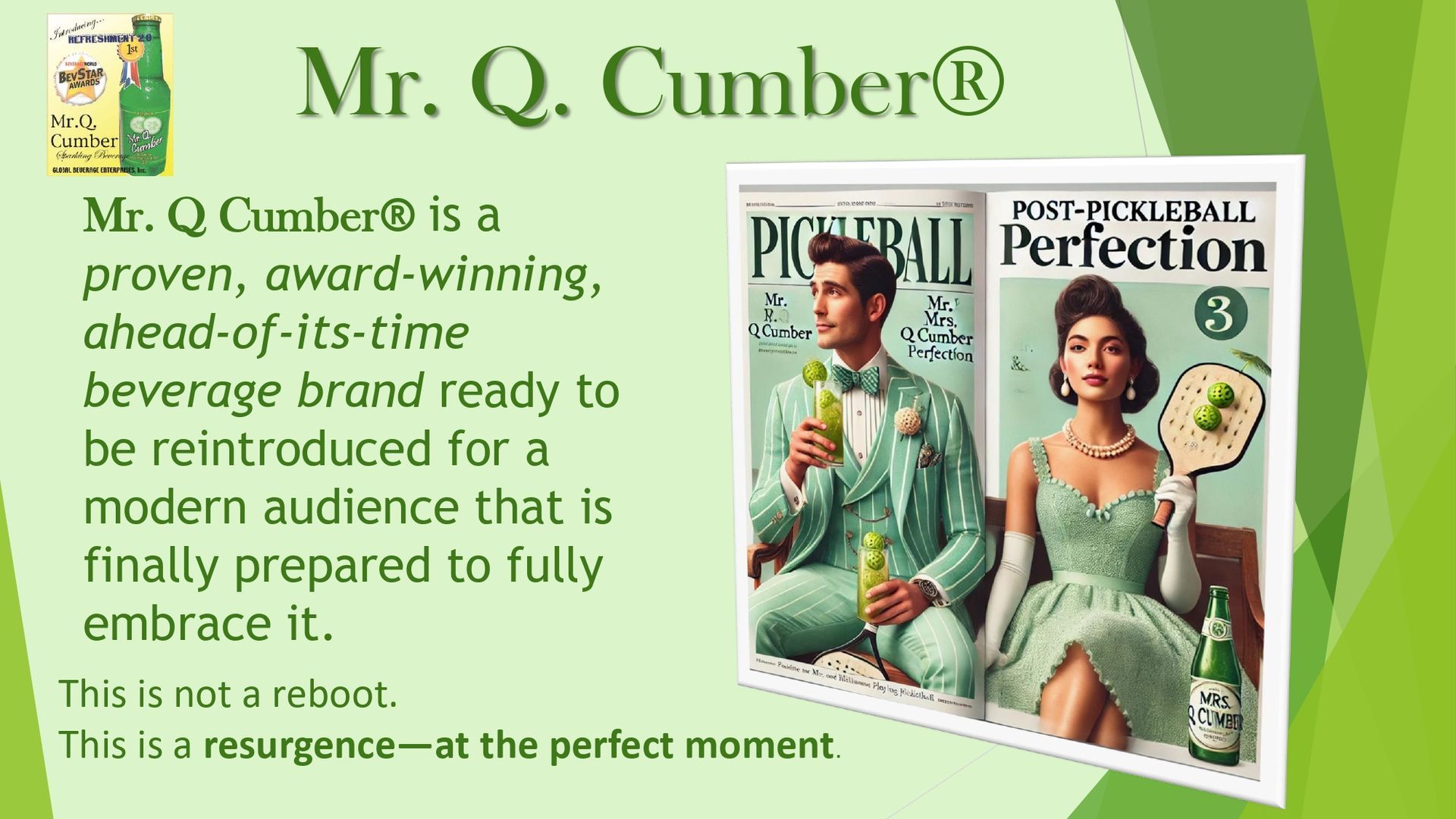 Promotional graphic for Mr. Q. Cumber beverage, featuring a couple in green formal wear holding the drink and a paddle.