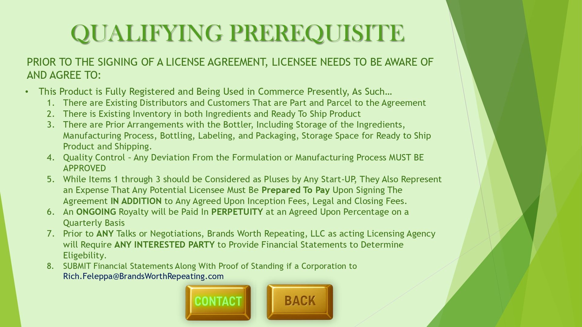 Green “Qualifying Prerequisite” application screen with bullet list and “Submit” and “Back” buttons