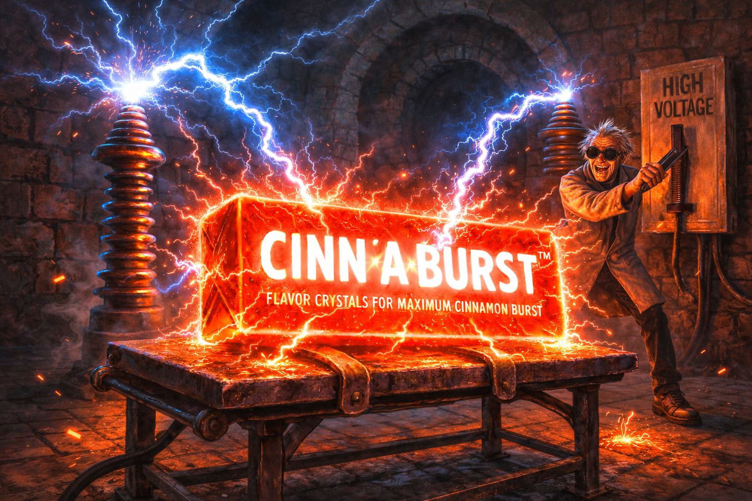 A scientist flips a switch, electrifying a glowing red block labeled 