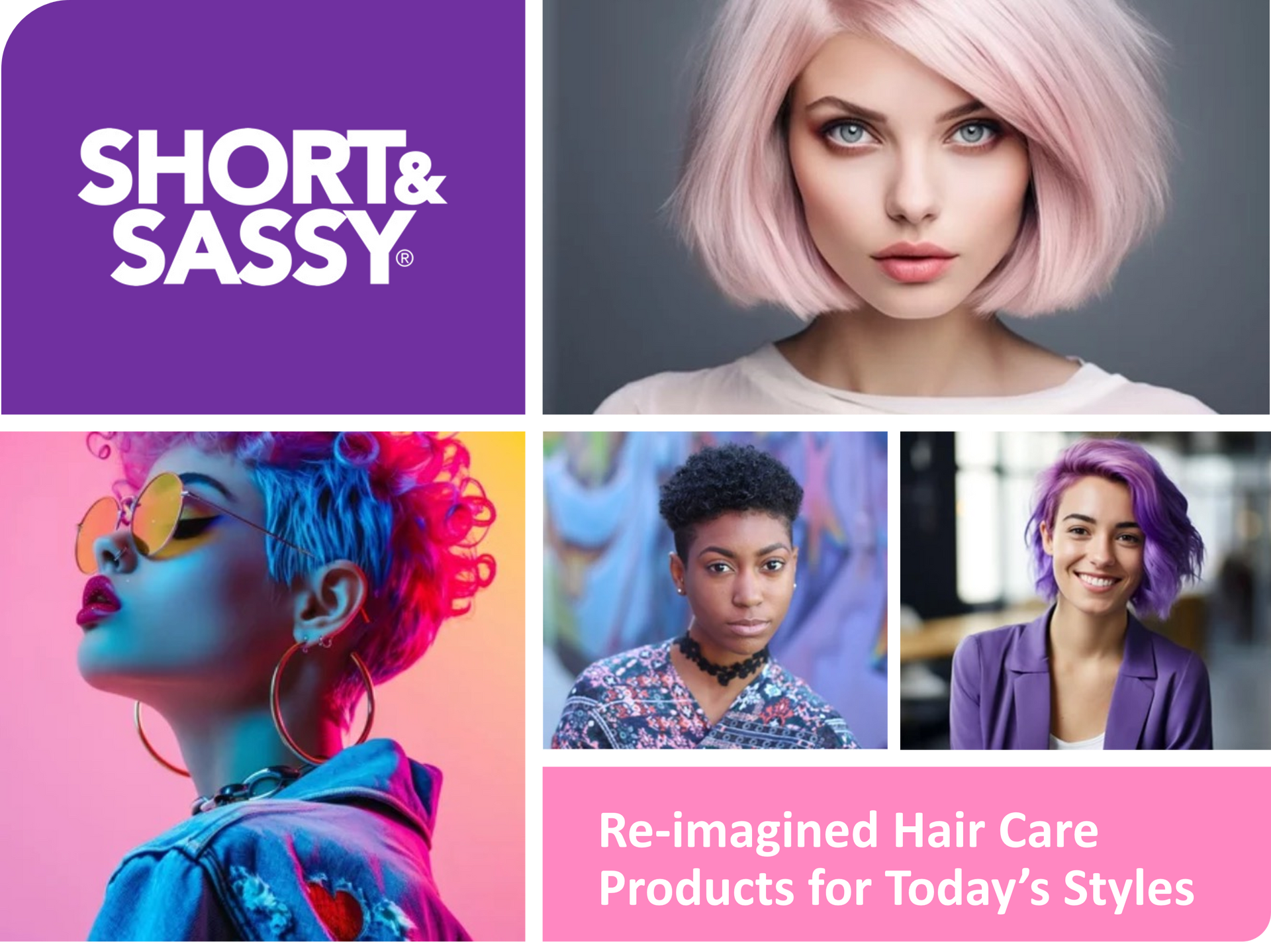 Collage of colorful hairstyles and portraits with “Short & Sassy” text and “Re-imagined Hair Care Products” banner