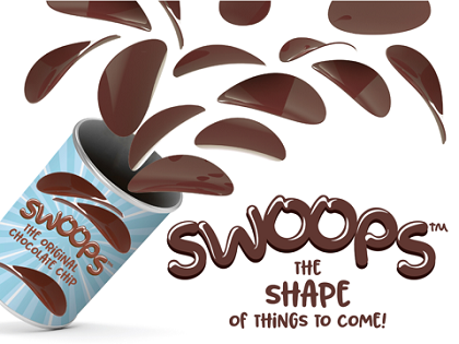Swoops chocolate candies spilling from a blue can, with the slogan “The Shape of Things to Come!”