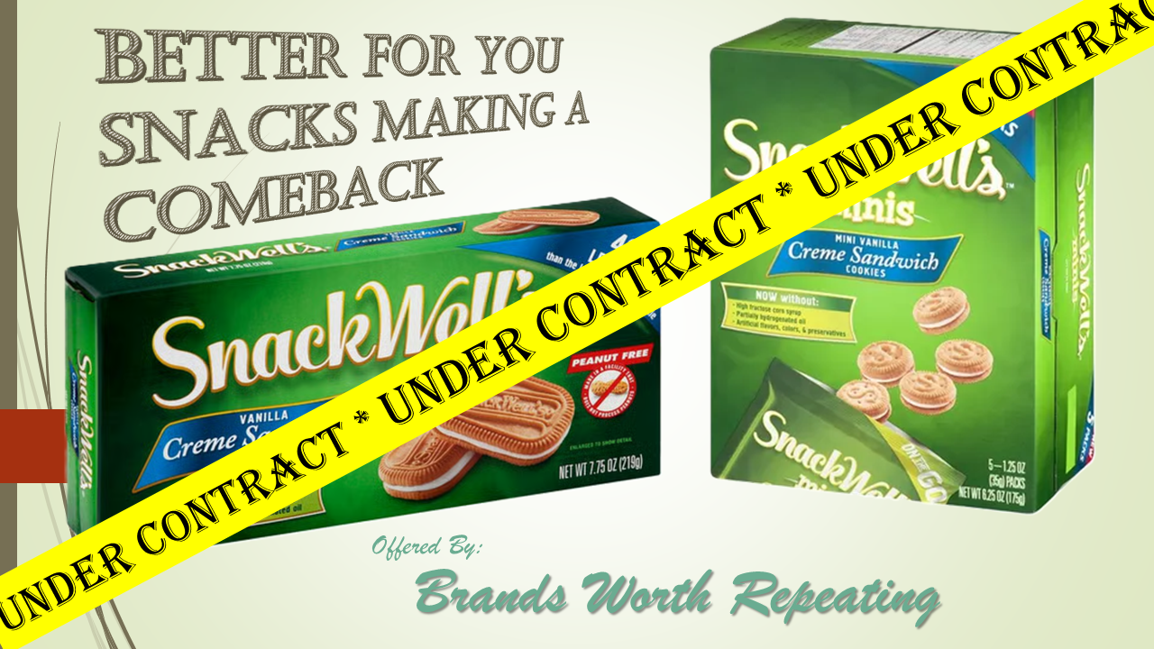 Two SnackWell's product boxes in green packaging appear under a yellow banner that reads 