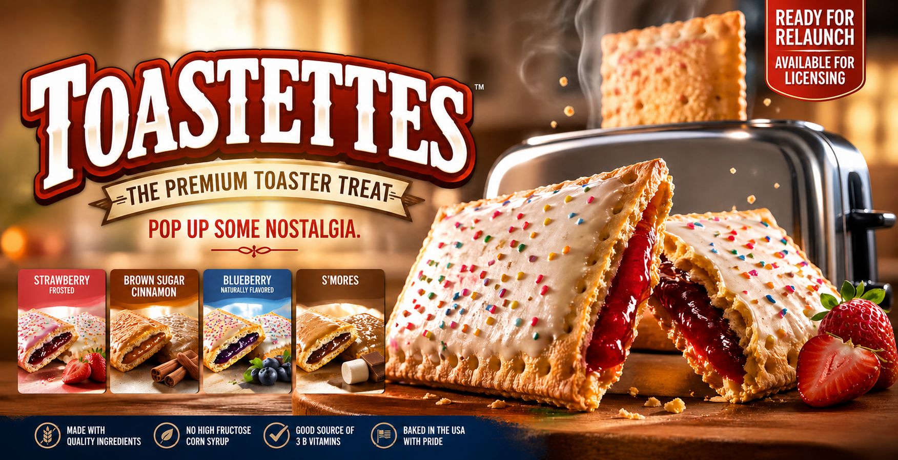 Toastettes toaster pastries with frosted berry filling and whole fruit on a brown breakfast table