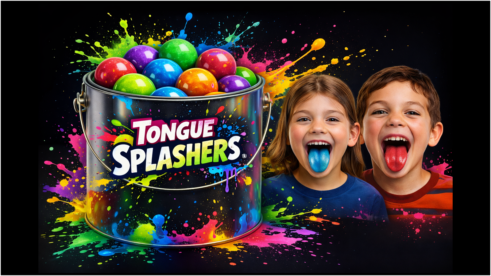 A bucket of colorful candies labeled 