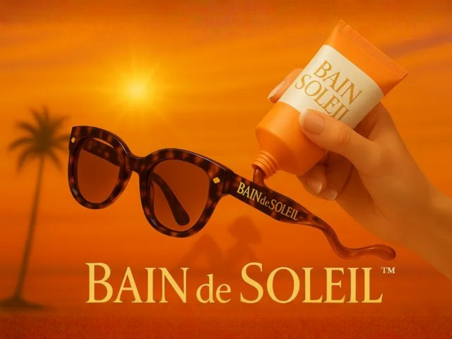 A hand squeezes Bain de Soleil tanning cream onto a pair of tortoise-shell sunglasses against a tropical sunset background.