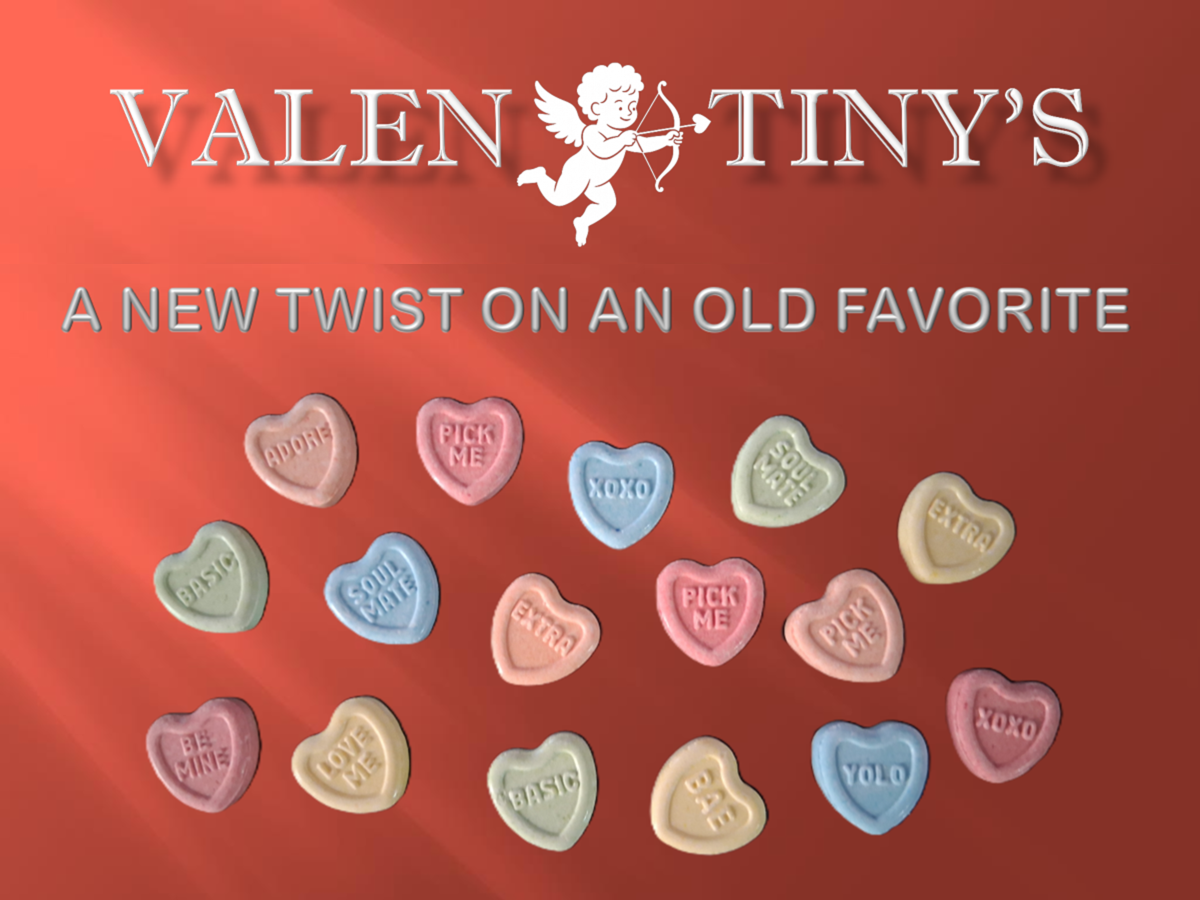 ValenTiny’s candy hearts ad with colorful heart-shaped candies on a red background