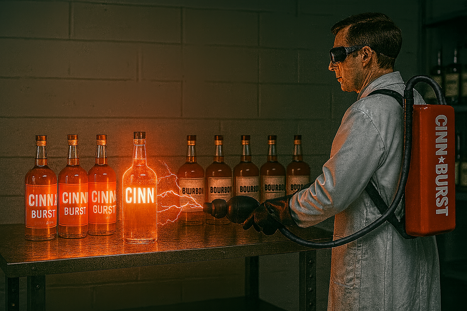 A person in a protective suit and glasses sprays a glowing bottle of Cinnaburst, set among other bottles on a metal table.