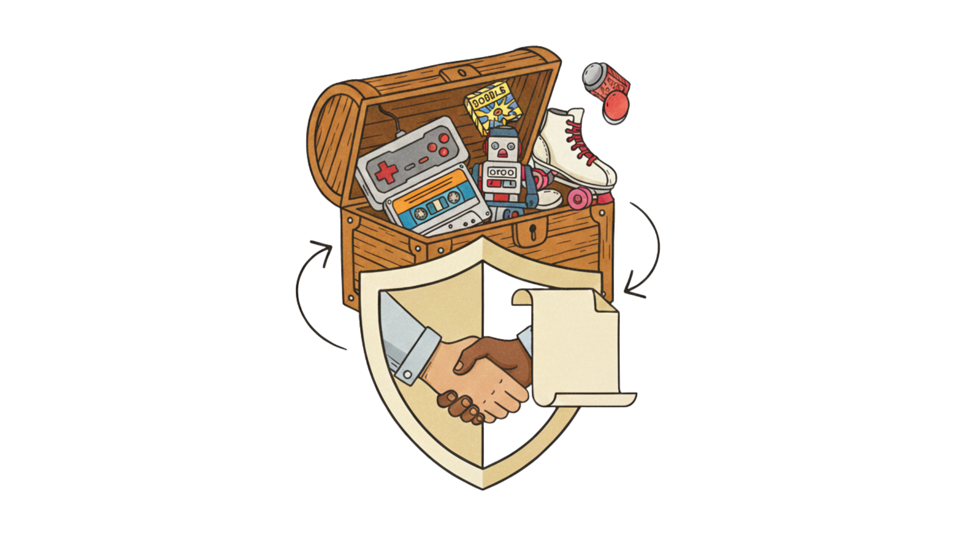 A treasure chest filled with toys sits behind a shield displaying a handshake over a document, suggesting secure protection.