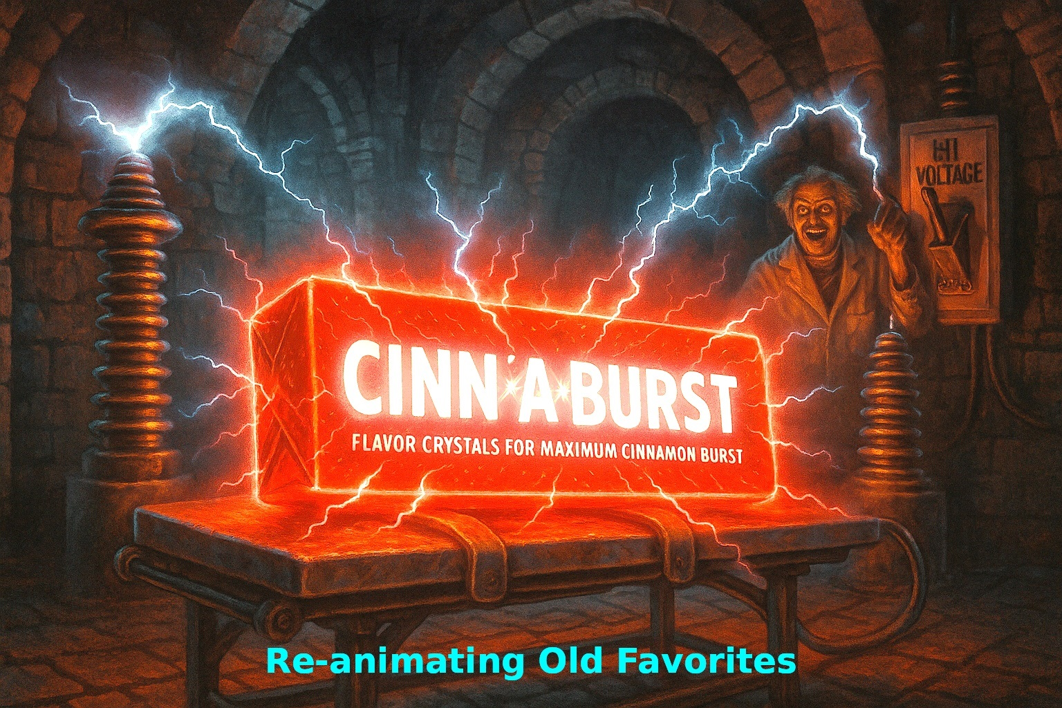 A mad scientist-like figure electrifies a giant neon-red 