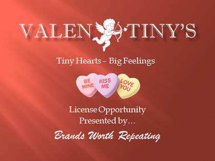 ValenTiny’s logo on a red background with candy hearts, text about a license opportunity, and