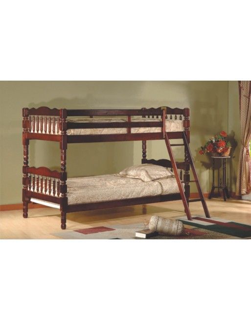 A wooden bunk bed with a ladder in a bedroom.