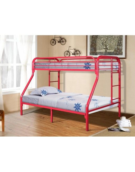 A red bunk bed is sitting in a room next to a window.