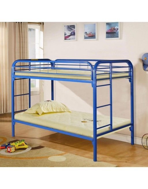 A blue bunk bed with a yellow mattress in a bedroom