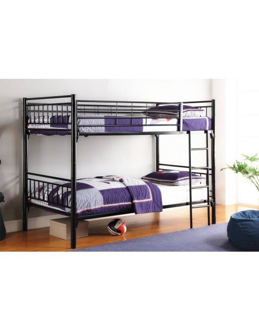 A black bunk bed with purple sheets and pillows in a room.