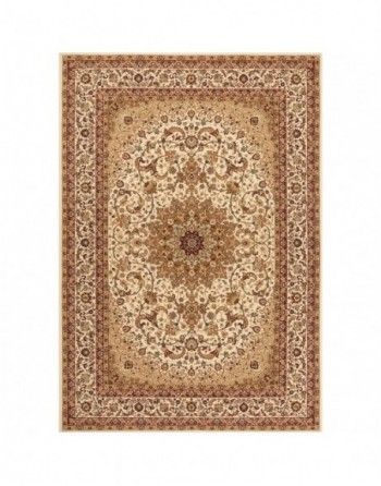 A rug with a circular pattern on it is on a white background.