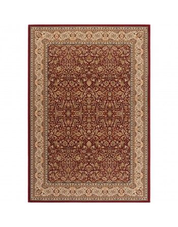 A red rug with a gold border on a white background.