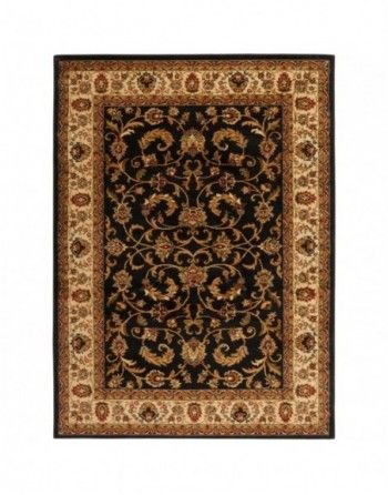 A black and gold rug with a floral pattern on a white background.