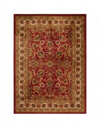 A red rug with a gold border on a white background.