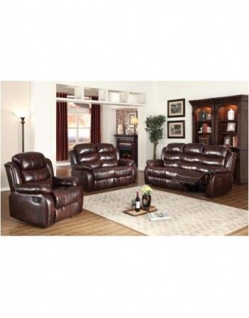 A living room with brown leather furniture and a rug.