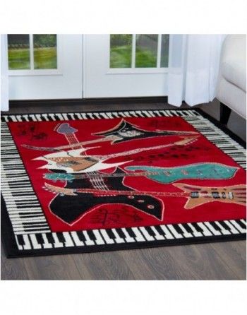 A red rug with guitars and piano keys on it