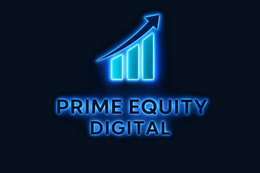 Blue glowing upward chart logo with the text “Prime Equity Digital” on a dark background