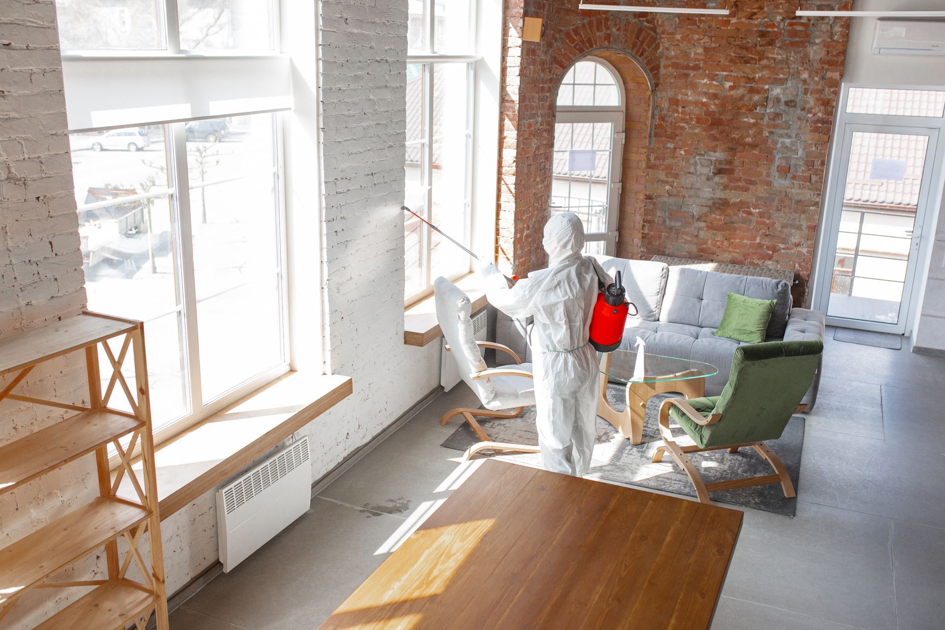 A person in a white hazmat suit uses a disinfectant sprayer to clean a bright room with exposed brick walls.