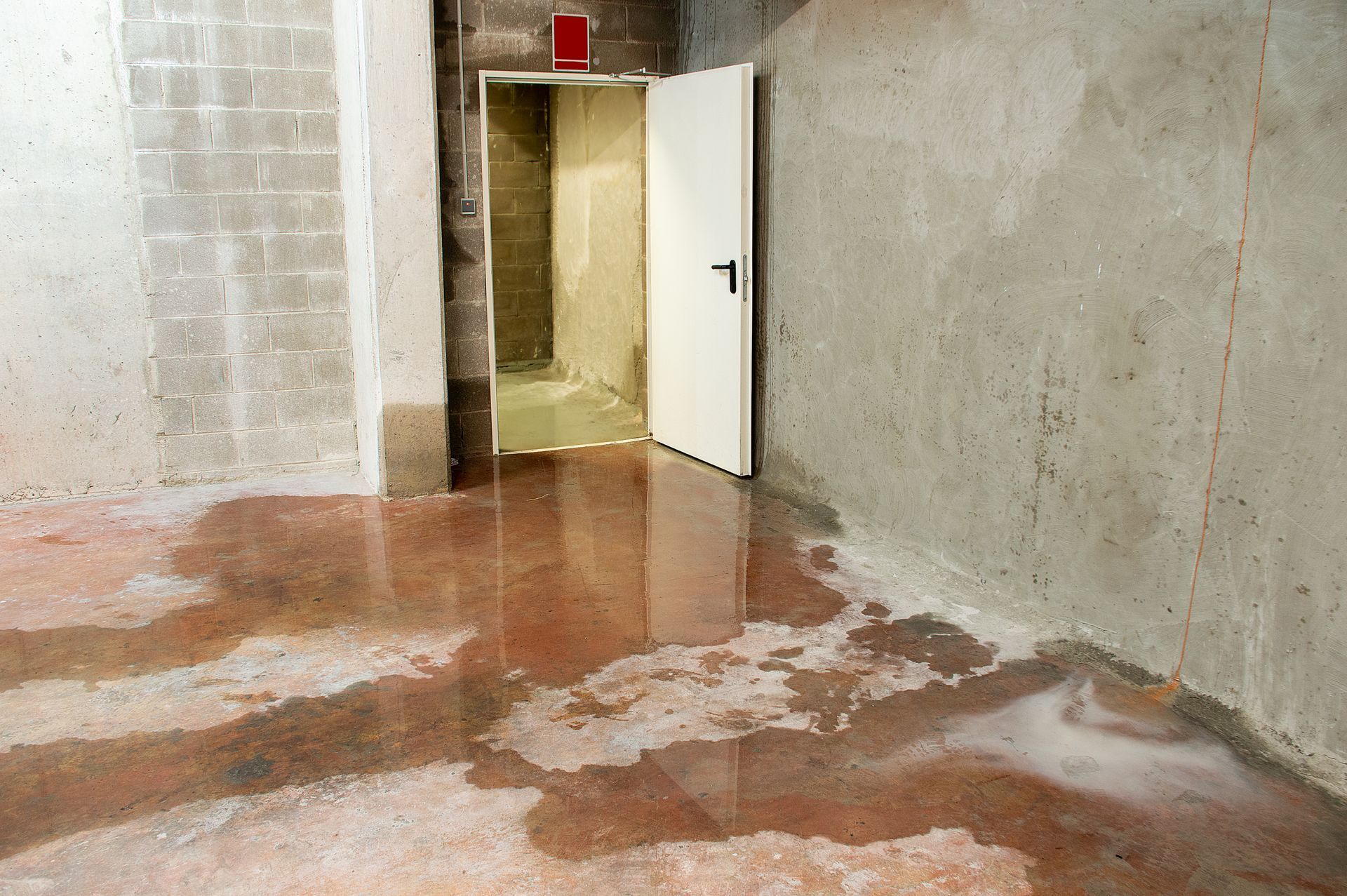 A basement floor covered in standing water, with a white door slightly ajar leading to a small, enclosed room.