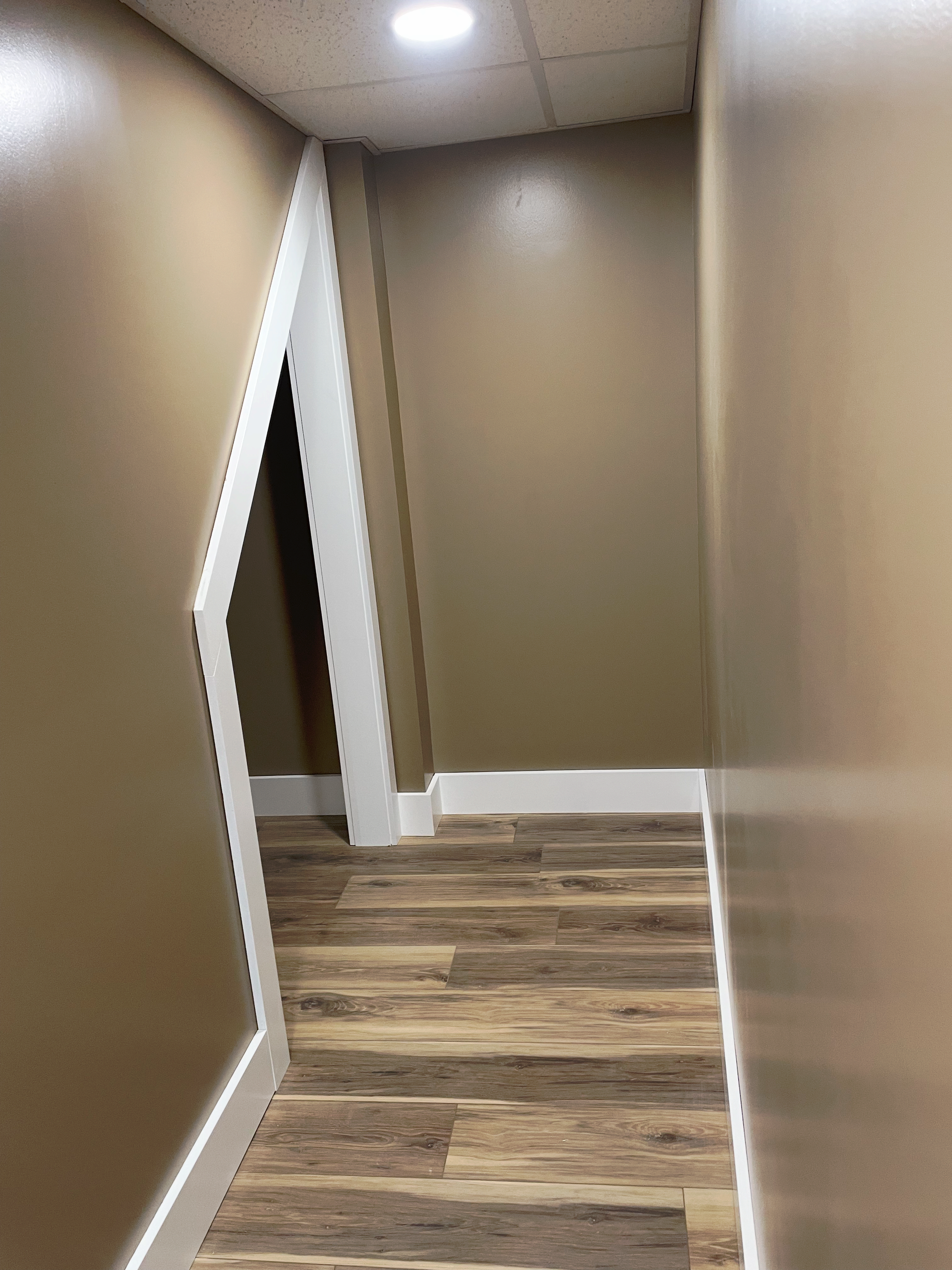 A hallway with brown walls, a wood-look floor, and a unique, narrow, white-framed doorway leading to a dark room.