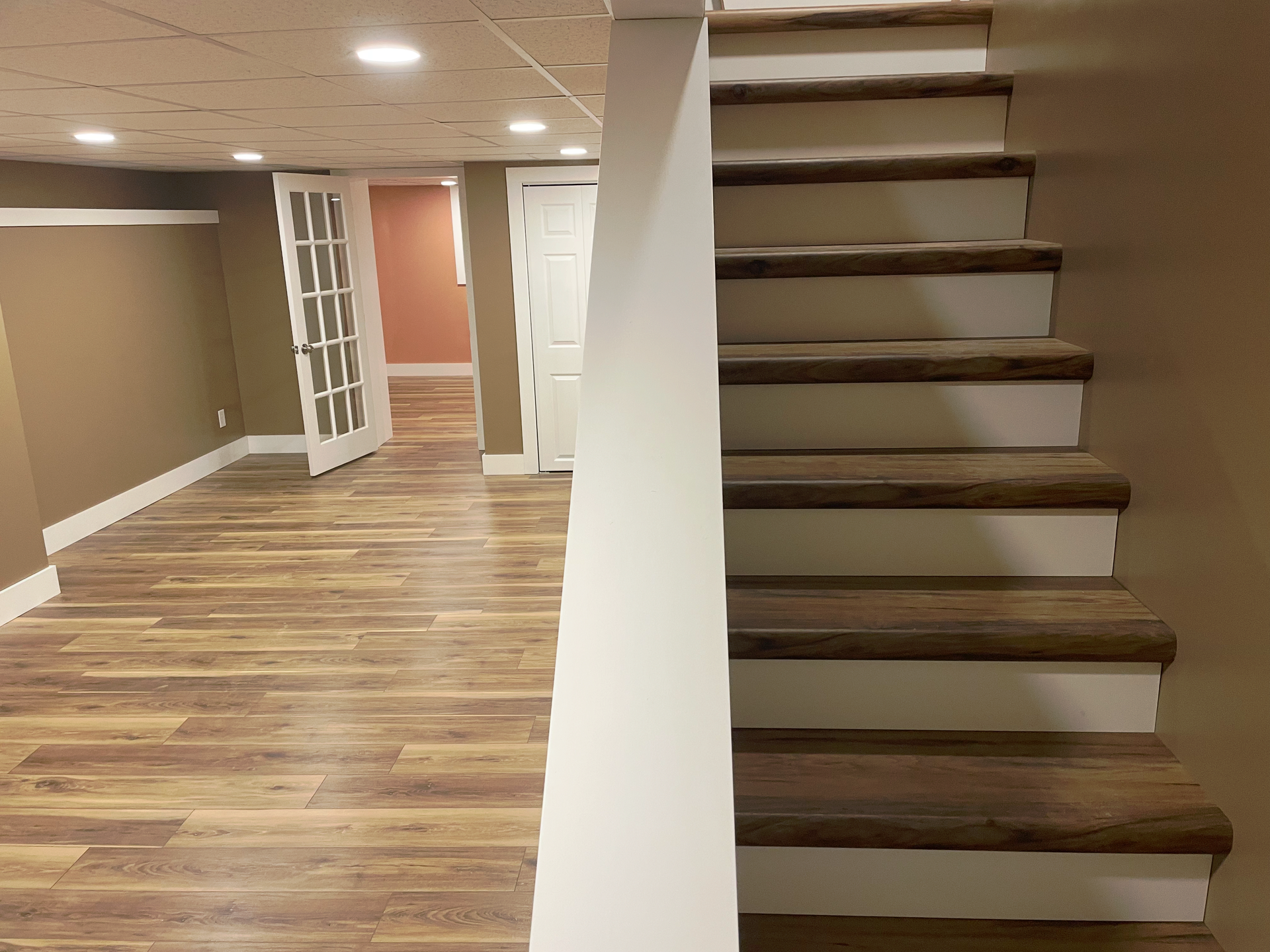 A carpeted staircase with white risers next to a spacious basement room featuring light wood-look flooring and white doors.