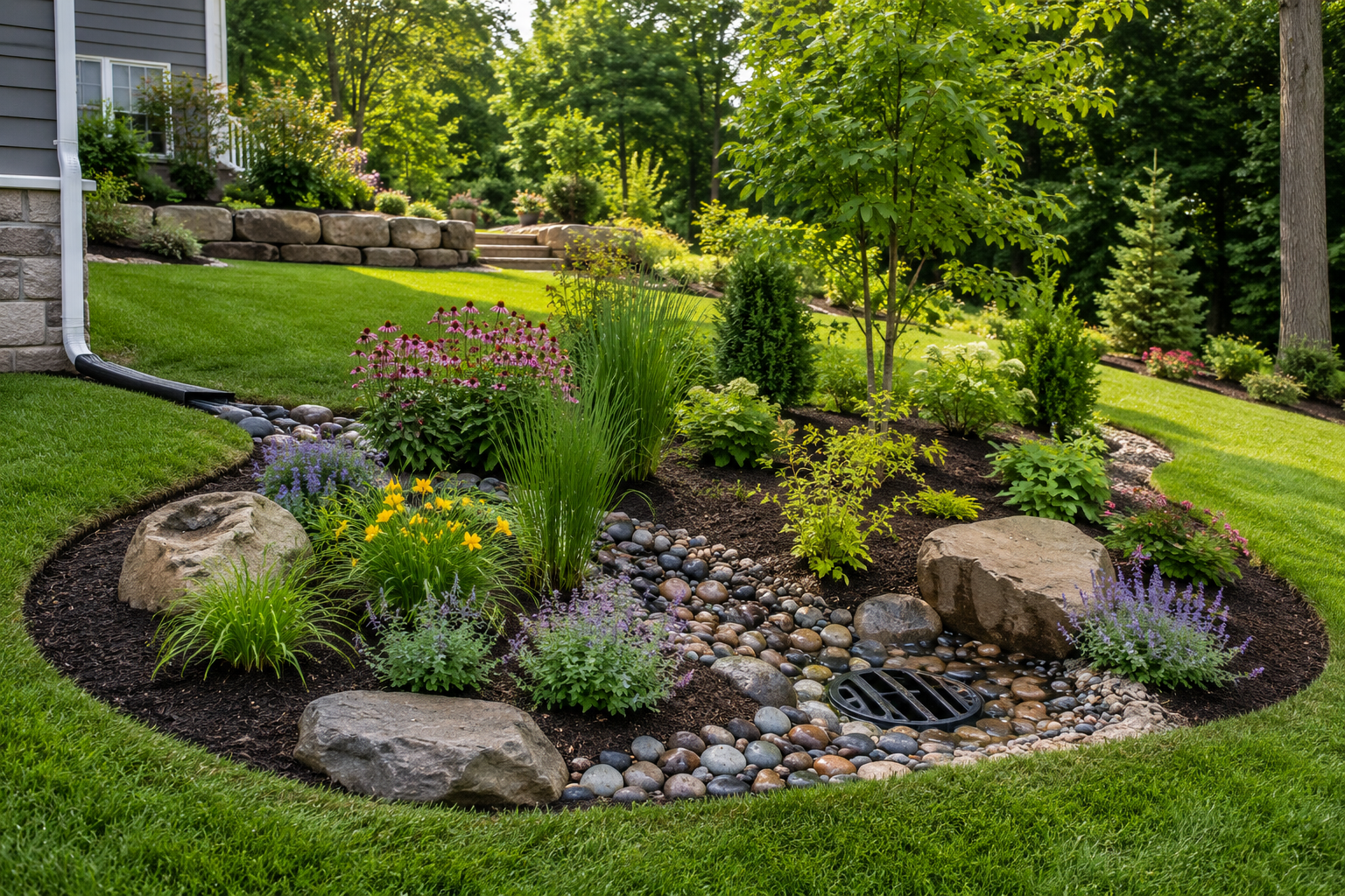 Basement window well with a stacked-stone retaining wall and river rock drainage, set into a landscaped flower bed with a natural boulder border