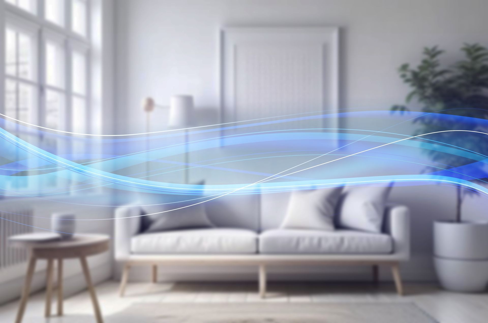 A modern living room with a sofa, side table, and plant, overlaid with glowing, wavy blue light streaks.