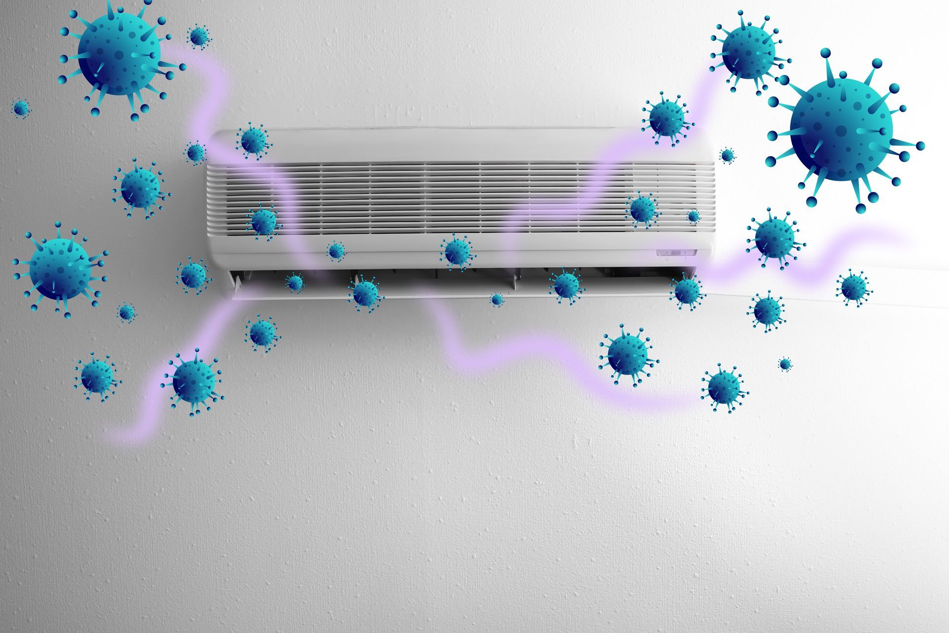 An indoor wall-mounted air conditioner unit surrounded by floating blue virus icons connected by purple energy paths.