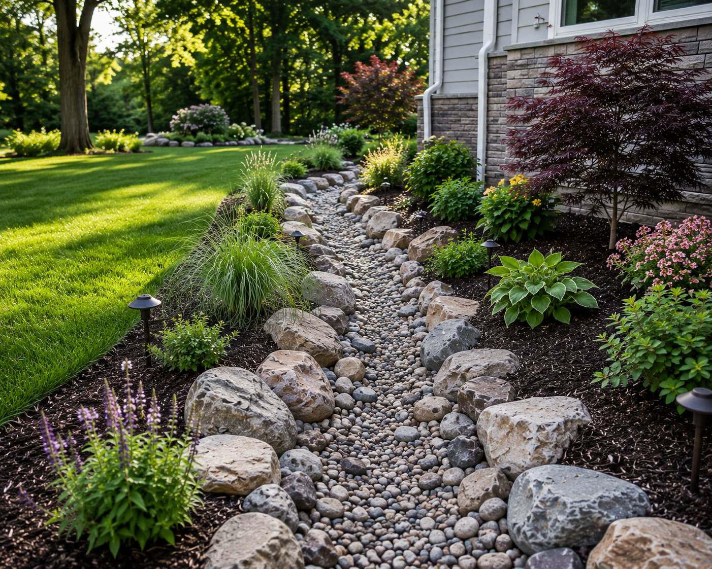 Decorative dry creek bed of river rock and cobblestones running alongside a home's foundation, bordered by boulders, shrubs, and landscape lighting