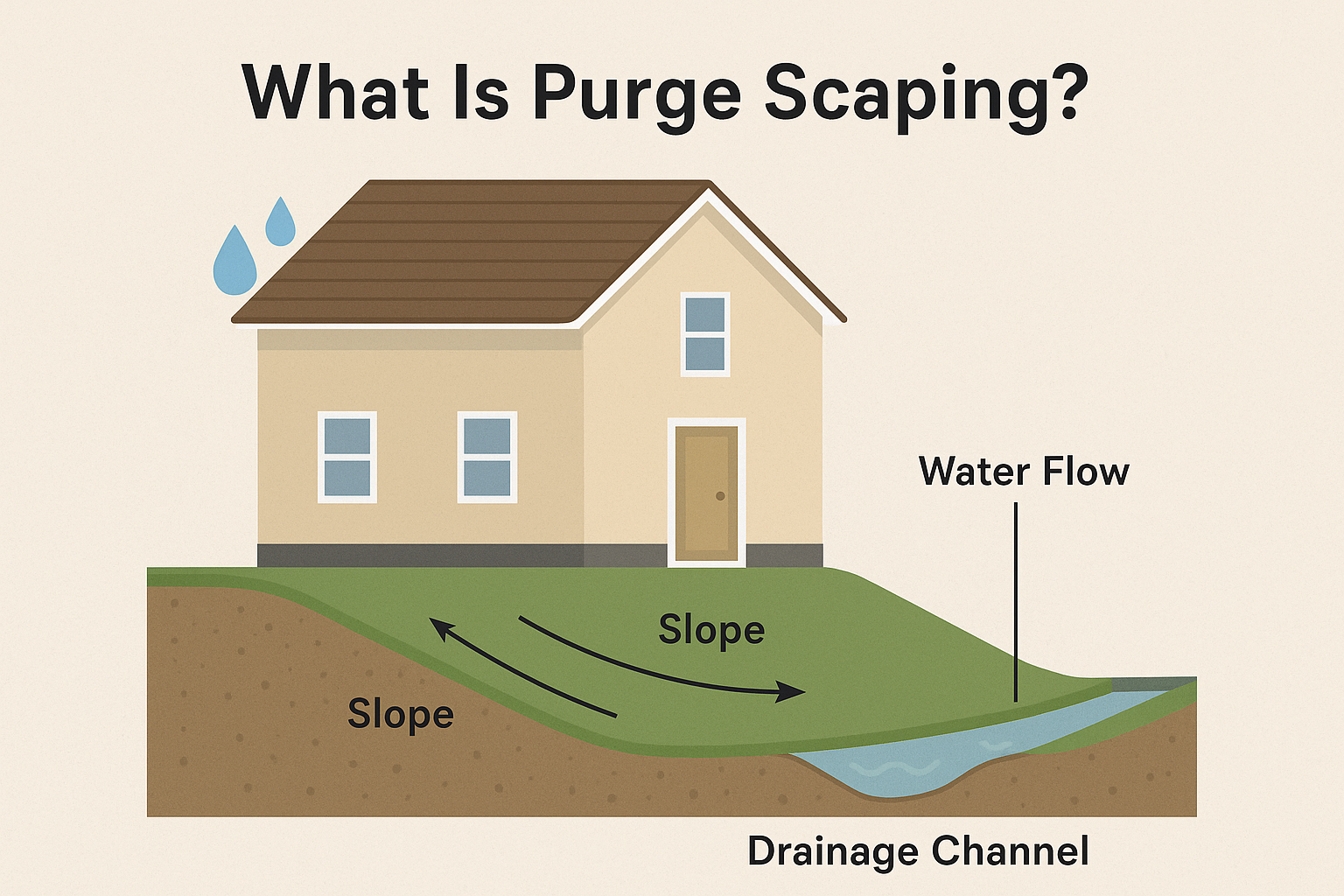 Diagram showing rain falling on a house with a sloped lawn directing water flow into a drainage channel.