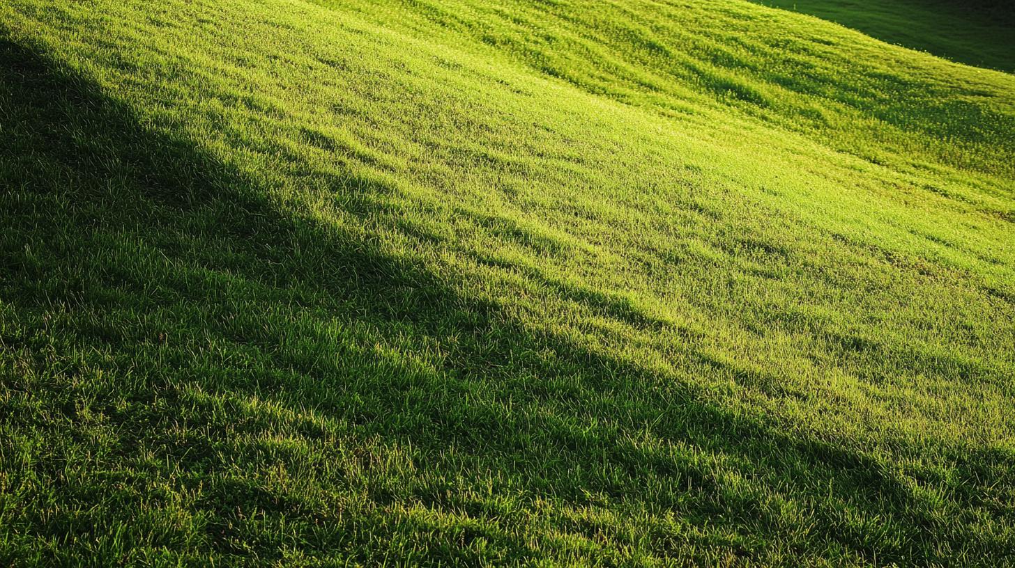 A vibrant green grassy hillside partially cast in shadow, transitioning from dark to light as it slopes upward.