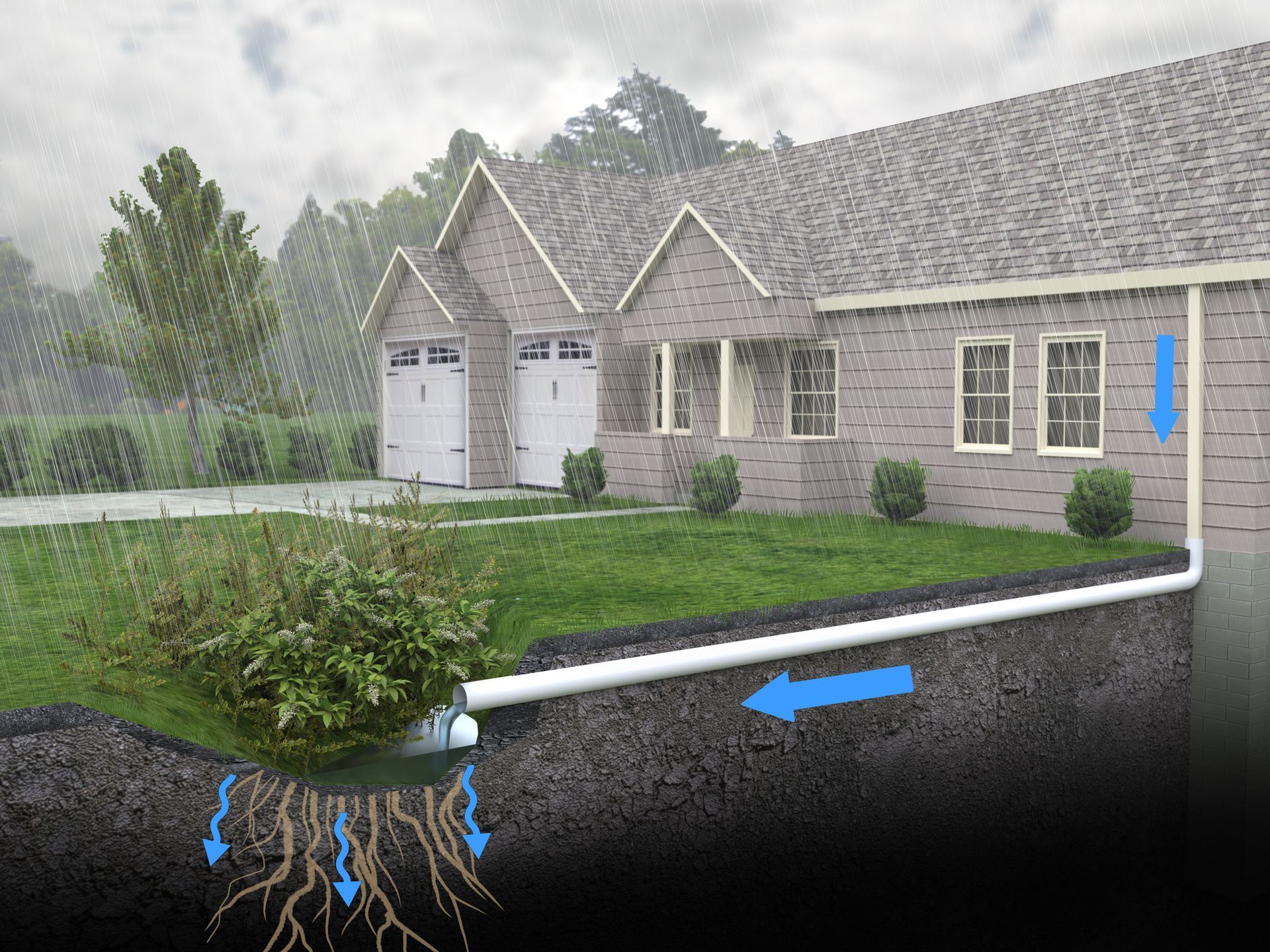 A house gutter system directs rainwater underground through a pipe to hydrate a bush and garden bed.