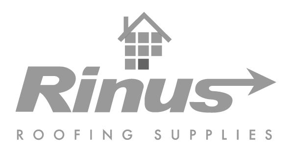 Logo for Rinus Roofing Supplies: gray text with 