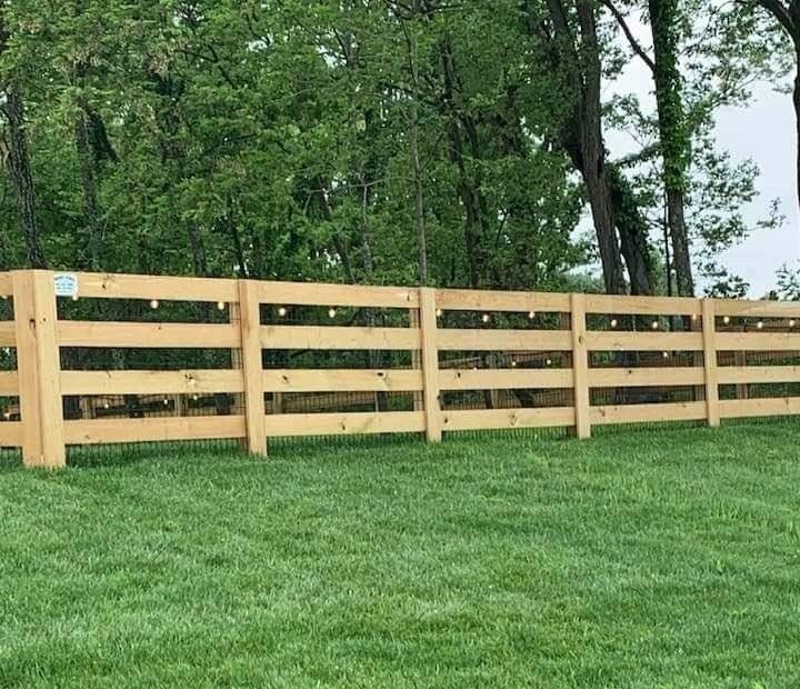 Wooden fence with string lights on green grass, trees in the background.