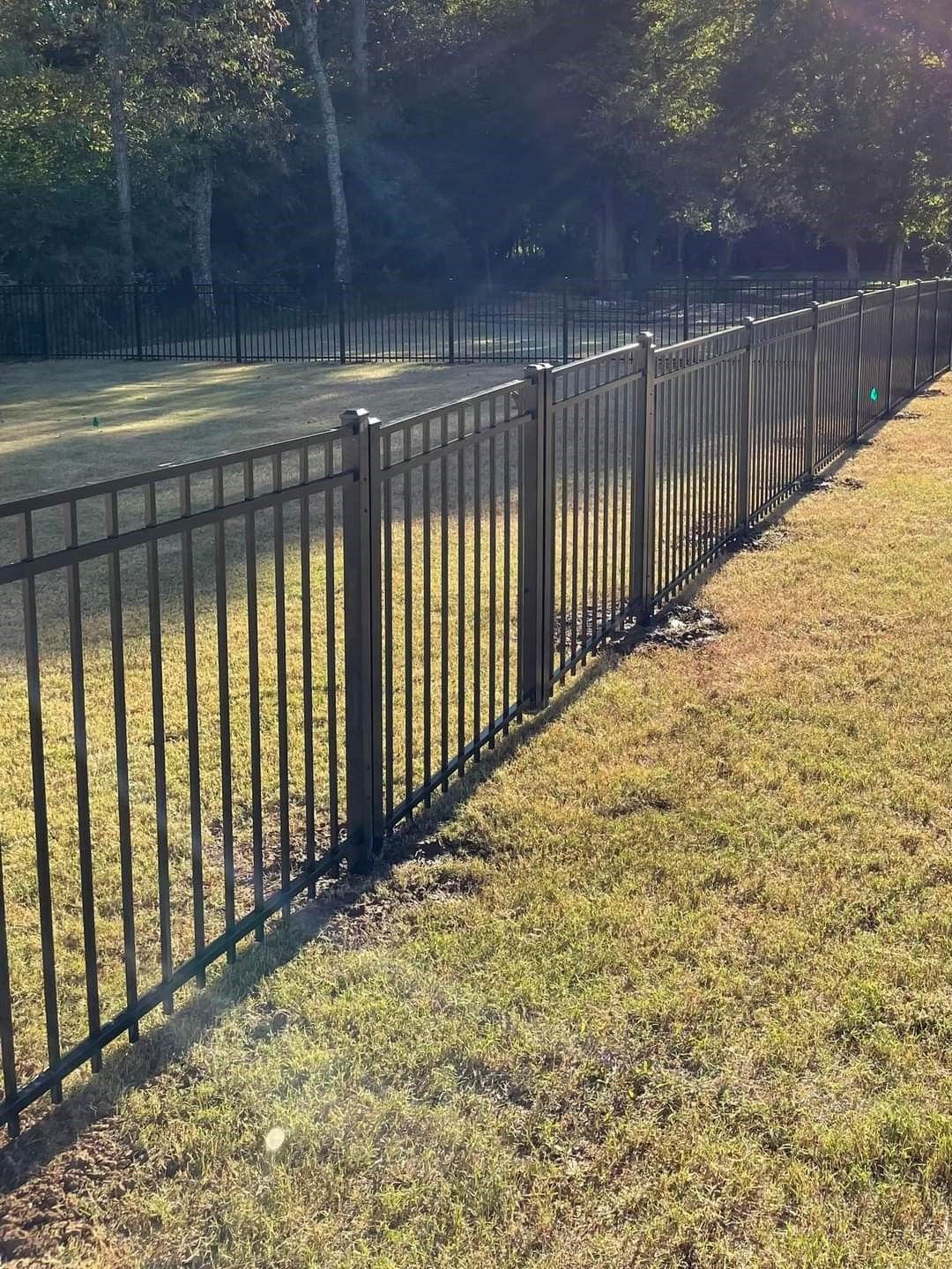 Black metal fence in a grassy yard, with trees in the background, on a sunny day.