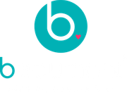 A blue circle with a white letter b and a pink heart in the middle.